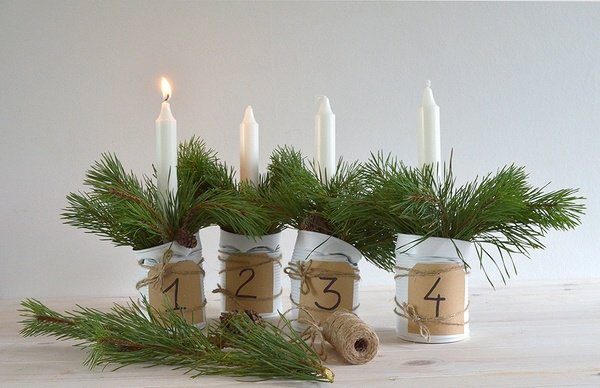 diy-advent-candles-ideas-tins-post-fir-branches-burlap